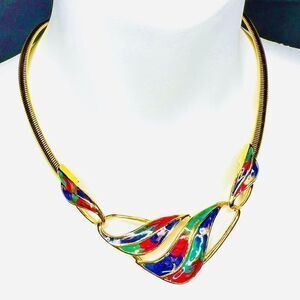 Vintage Chocker Collar Enamel Green Pink Blue Gold Thick Snake Necklace 4157
